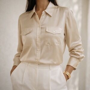 Nili Lotan Beige Silk Button-Down Shirt – Women's XL Made in USA